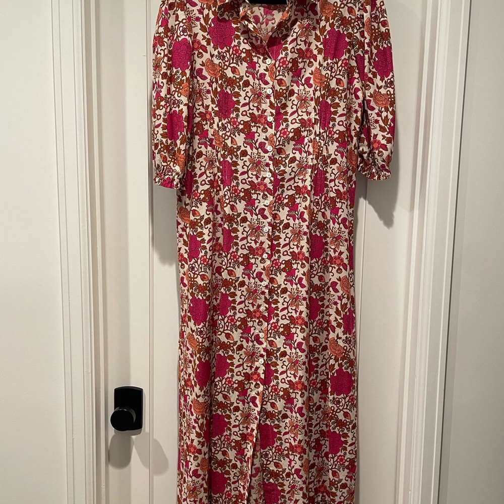 Button-Front Floral Maxi Dress in Pink and Brown